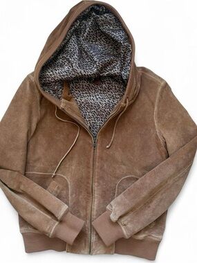 Brown Suede Hooded Leather Jacket with Leopard Lining